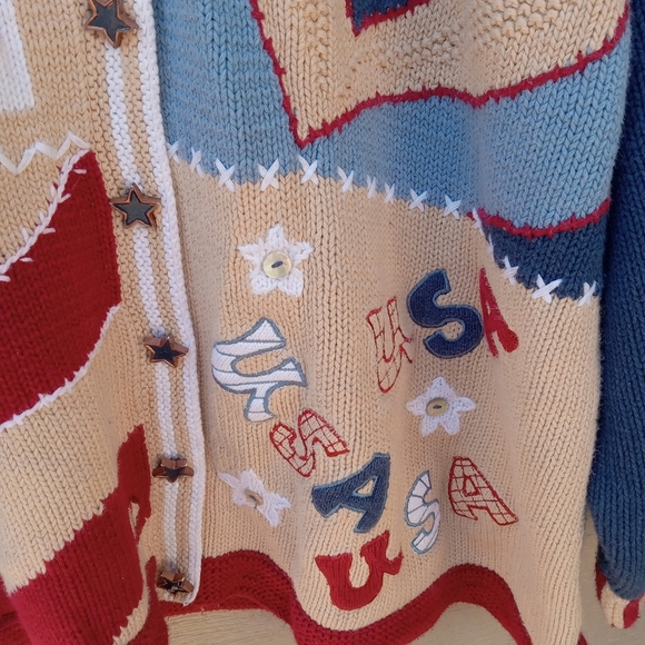 Vintage Sweater America USA Storybook Knits Star Button Up Red White Blue 2X - Picture 3 of 10
